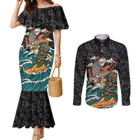 Personalized Japanese Koi Fish Ramen Couples Matching Mermaid Dress and Long Sleeve Button Shirt Tiki Surfing Wagara Hibiscus Pattern LT9 Black - Polynesian Pride
