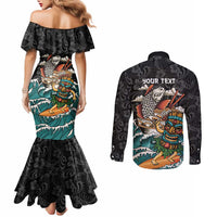 Personalized Japanese Koi Fish Ramen Couples Matching Mermaid Dress and Long Sleeve Button Shirt Tiki Surfing Wagara Hibiscus Pattern LT9 - Polynesian Pride
