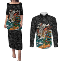 Personalized Japanese Koi Fish Ramen Couples Matching Puletasi and Long Sleeve Button Shirt Tiki Surfing Wagara Hibiscus Pattern LT9 Black - Polynesian Pride