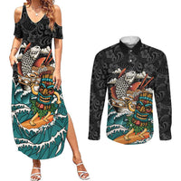 Personalized Japanese Koi Fish Ramen Couples Matching Summer Maxi Dress and Long Sleeve Button Shirt Tiki Surfing Wagara Hibiscus Pattern LT9 Black - Polynesian Pride