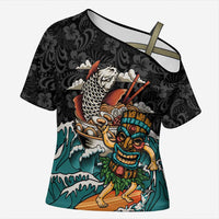 Personalized Japanese Koi Fish Ramen Cross Shoulder Shirt Tiki Surfing Wagara Hibiscus Pattern LT9 Female Black - Polynesian Pride
