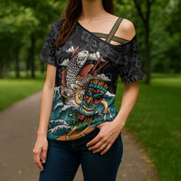Personalized Japanese Koi Fish Ramen Cross Shoulder Shirt Tiki Surfing Wagara Hibiscus Pattern LT9 - Polynesian Pride