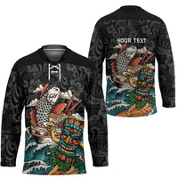 Personalized Japanese Koi Fish Ramen Hockey Jersey Tiki Surfing Wagara Hibiscus Pattern LT9 - Polynesian Pride