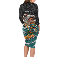 Personalized Japanese Koi Fish Ramen Long Sleeve Bodycon Dress Tiki Surfing Wagara Hibiscus Pattern LT9 - Polynesian Pride