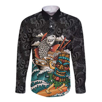 Personalized Japanese Koi Fish Ramen Long Sleeve Button Shirt Tiki Surfing Wagara Hibiscus Pattern LT9 Unisex Black - Polynesian Pride