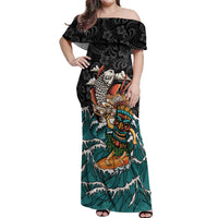 Personalized Japanese Koi Fish Ramen Off Shoulder Maxi Dress Tiki Surfing Wagara Hibiscus Pattern LT9 Women Black - Polynesian Pride
