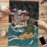 Personalized Japanese Koi Fish Ramen Puzzle Tiki Surfing Wagara Hibiscus Pattern LT9 Black - Polynesian Pride