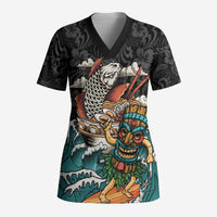 Personalized Japanese Koi Fish Ramen Scrub Top Tiki Surfing Wagara Hibiscus Pattern LT9 Adult Black - Polynesian Pride