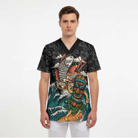 Personalized Japanese Koi Fish Ramen Scrub Top Tiki Surfing Wagara Hibiscus Pattern LT9 - Polynesian Pride