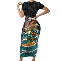 Personalized Japanese Koi Fish Ramen Short Sleeve Bodycon Dress Tiki Surfing Wagara Hibiscus Pattern LT9 Long Dress Black - Polynesian Pride