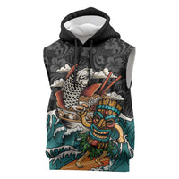 Personalized Japanese Koi Fish Ramen Sleeveless Hoodie Tiki Surfing Wagara Hibiscus Pattern LT9 Black - Polynesian Pride