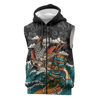Personalized Japanese Koi Fish Ramen Sleeveless Zip Hoodie Tiki Surfing Wagara Hibiscus Pattern LT9 Black - Polynesian Pride