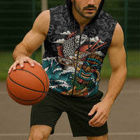 Personalized Japanese Koi Fish Ramen Sleeveless Zip Hoodie Tiki Surfing Wagara Hibiscus Pattern LT9 - Polynesian Pride