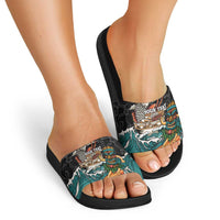 Personalized Japanese Koi Fish Ramen Slide Sandals Tiki Surfing Wagara Hibiscus Pattern LT9 - Polynesian Pride