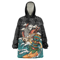 Personalized Japanese Koi Fish Ramen Wearable Blanket Hoodie Tiki Surfing Wagara Hibiscus Pattern LT9 One Size Black - Polynesian Pride