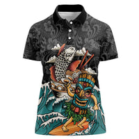 Personalized Japanese Koi Fish Ramen Women Polo Shirt Tiki Surfing Wagara Hibiscus Pattern LT9 Female Black - Polynesian Pride