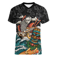 Personalized Japanese Koi Fish Ramen Women V-Neck T-Shirt Tiki Surfing Wagara Hibiscus Pattern LT9 Female Black - Polynesian Pride