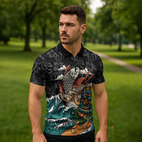 Personalized Japanese Koi Fish Ramen Zipper Polo Shirt Tiki Surfing Wagara Hibiscus Pattern LT9 - Polynesian Pride
