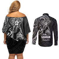 Black Guam Latte Stone Tribal Tattoo Couples Matching Off Shoulder Short Dress and Long Sleeve Button Shirt Hafa Adai Six 7 One