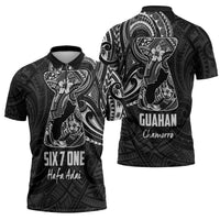 Black Guam Latte Stone Tribal Tattoo Zipper Polo Shirt Hafa Adai Six 7 One - Polynesian Pride