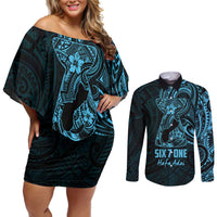 Blue Guam Latte Stone Tribal Tattoo Couples Matching Off Shoulder Short Dress and Long Sleeve Button Shirt Hafa Adai Six 7 One