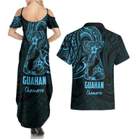 Blue Guam Latte Stone Tribal Tattoo Couples Matching Summer Maxi Dress and Hawaiian Shirt Hafa Adai Six 7 One