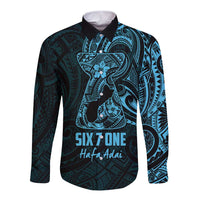 Blue Guam Latte Stone Tribal Tattoo Long Sleeve Button Shirt Hafa Adai Six 7 One
