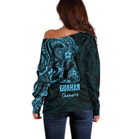 Blue Guam Latte Stone Tribal Tattoo Off Shoulder Sweater Hafa Adai Six 7 One
