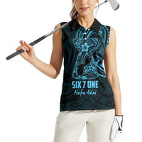 Blue Guam Latte Stone Tribal Tattoo Women Sleeveless Polo Shirt Hafa Adai Six 7 One