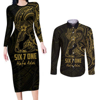 Gold Guam Latte Stone Tribal Tattoo Couples Matching Long Sleeve Bodycon Dress and Long Sleeve Button Shirt Hafa Adai Six 7 One