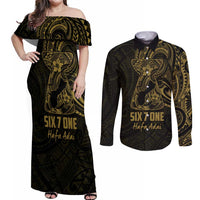 Gold Guam Latte Stone Tribal Tattoo Couples Matching Off Shoulder Maxi Dress and Long Sleeve Button Shirt Hafa Adai Six 7 One