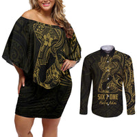 Gold Guam Latte Stone Tribal Tattoo Couples Matching Off Shoulder Short Dress and Long Sleeve Button Shirt Hafa Adai Six 7 One