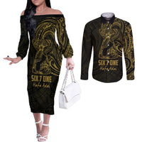 Gold Guam Latte Stone Tribal Tattoo Couples Matching Off The Shoulder Long Sleeve Dress and Long Sleeve Button Shirt Hafa Adai Six 7 One