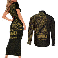 Gold Guam Latte Stone Tribal Tattoo Couples Matching Short Sleeve Bodycon Dress and Long Sleeve Button Shirt Hafa Adai Six 7 One