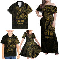 Gold Guam Latte Stone Tribal Tattoo Family Matching Off Shoulder Maxi Dress and Hawaiian Shirt Hafa Adai Six 7 One