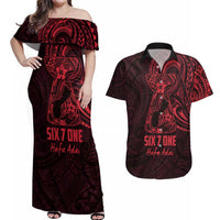 Oxblood Guam Latte Stone Tribal Tattoo Couples Matching Off Shoulder Maxi Dress and Hawaiian Shirt Hafa Adai Six 7 One