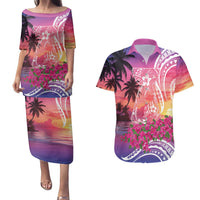 Guam Latte Stone with Map Couples Matching Puletasi and Hawaiian Shirt Bougainvillea Beach Sunset