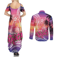 Guam Latte Stone with Map Couples Matching Summer Maxi Dress and Long Sleeve Button Shirt Bougainvillea Beach Sunset