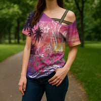 Guam Latte Stone with Map Cross Shoulder Shirt Bougainvillea Beach Sunset LT9 - Polynesian Pride