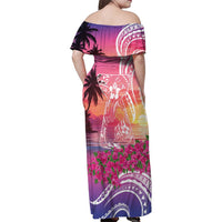 Guam Latte Stone with Map Family Matching Off Shoulder Maxi Dress and Hawaiian Shirt Bougainvillea Beach Sunset