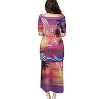 Guam Latte Stone with Map Family Matching Puletasi and Hawaiian Shirt Bougainvillea Beach Sunset