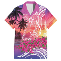 Guam Latte Stone with Map Family Matching Short Sleeve Bodycon Dress and Hawaiian Shirt Bougainvillea Beach Sunset