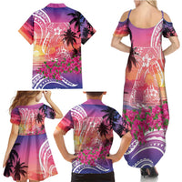 Guam Latte Stone with Map Family Matching Summer Maxi Dress and Hawaiian Shirt Bougainvillea Beach Sunset