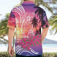 Guam Latte Stone with Map Hawaiian Shirt Bougainvillea Beach Sunset