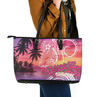 Guam Latte Stone with Map Leather Tote Bag Bougainvillea Beach Sunset