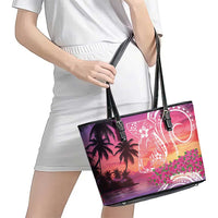 Guam Latte Stone with Map Leather Tote Bag Bougainvillea Beach Sunset