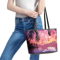 Guam Latte Stone with Map Leather Tote Bag Bougainvillea Beach Sunset