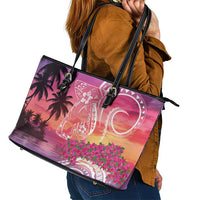 Guam Latte Stone with Map Leather Tote Bag Bougainvillea Beach Sunset
