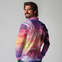 Guam Latte Stone with Map Long Sleeve Polo Shirt Bougainvillea Beach Sunset