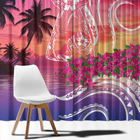 Guam Latte Stone with Map Window Curtain Bougainvillea Beach Sunset